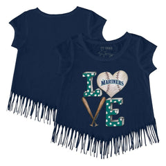 Navy Seattle Mariners Tiny Turnip Girls Youth Baseball Love Fringe T-Shirt