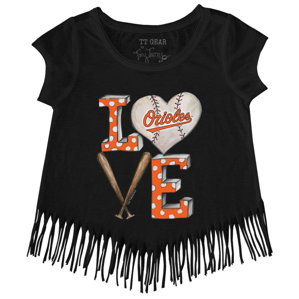 Black Baltimore Orioles Tiny Turnip Girls Youth Baseball Love Fringe T-Shirt
