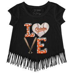 Black Baltimore Orioles Tiny Turnip Girls Youth Baseball Love Fringe T-Shirt