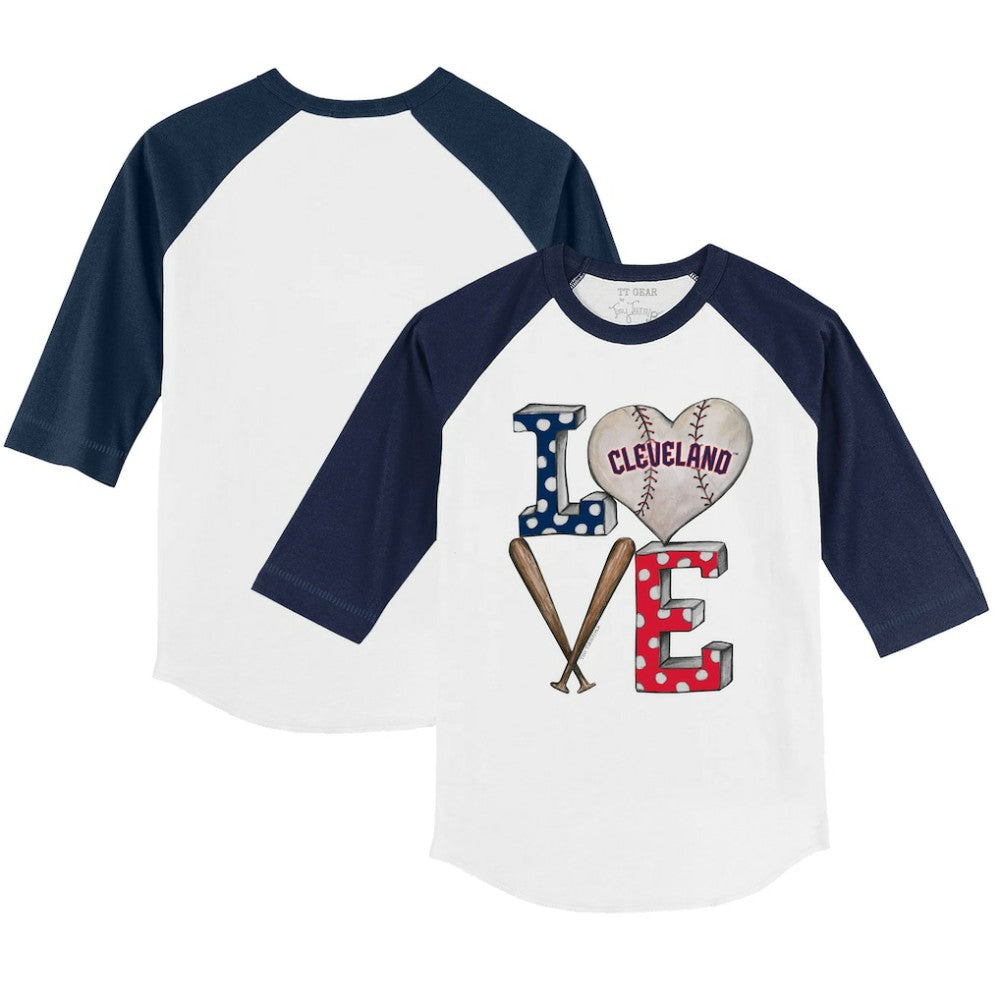 White/Navy Cleveland Guardians Tiny Turnip Youth Baseball Love 3/4-Sleeve Raglan T-Shirt