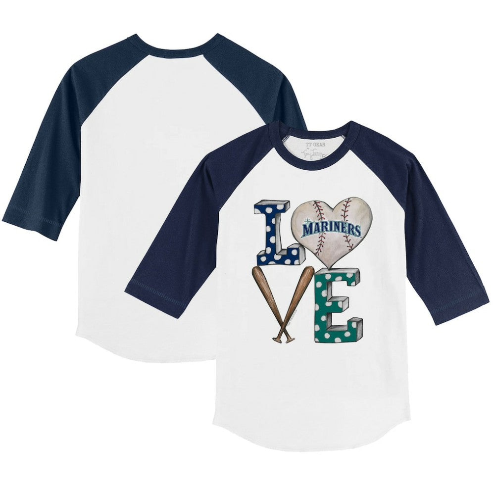 White/Navy Seattle Mariners Tiny Turnip Youth Baseball Love 3/4-Sleeve Raglan T-Shirt