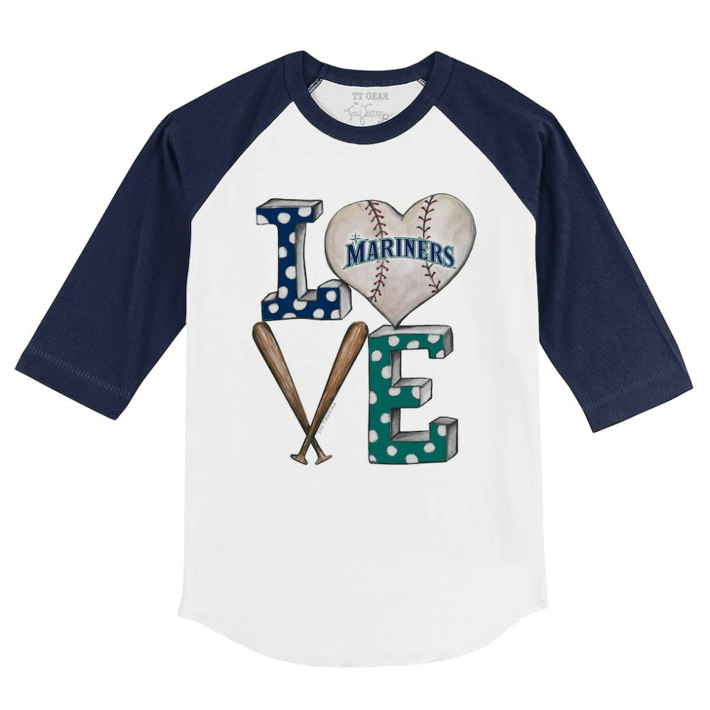 White/Navy Seattle Mariners Tiny Turnip Youth Baseball Love 3/4-Sleeve Raglan T-Shirt