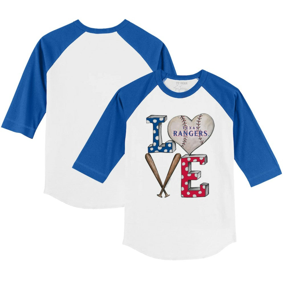 White/Royal Texas Rangers Tiny Turnip Youth Baseball Love 3/4-Sleeve Raglan T-Shirt