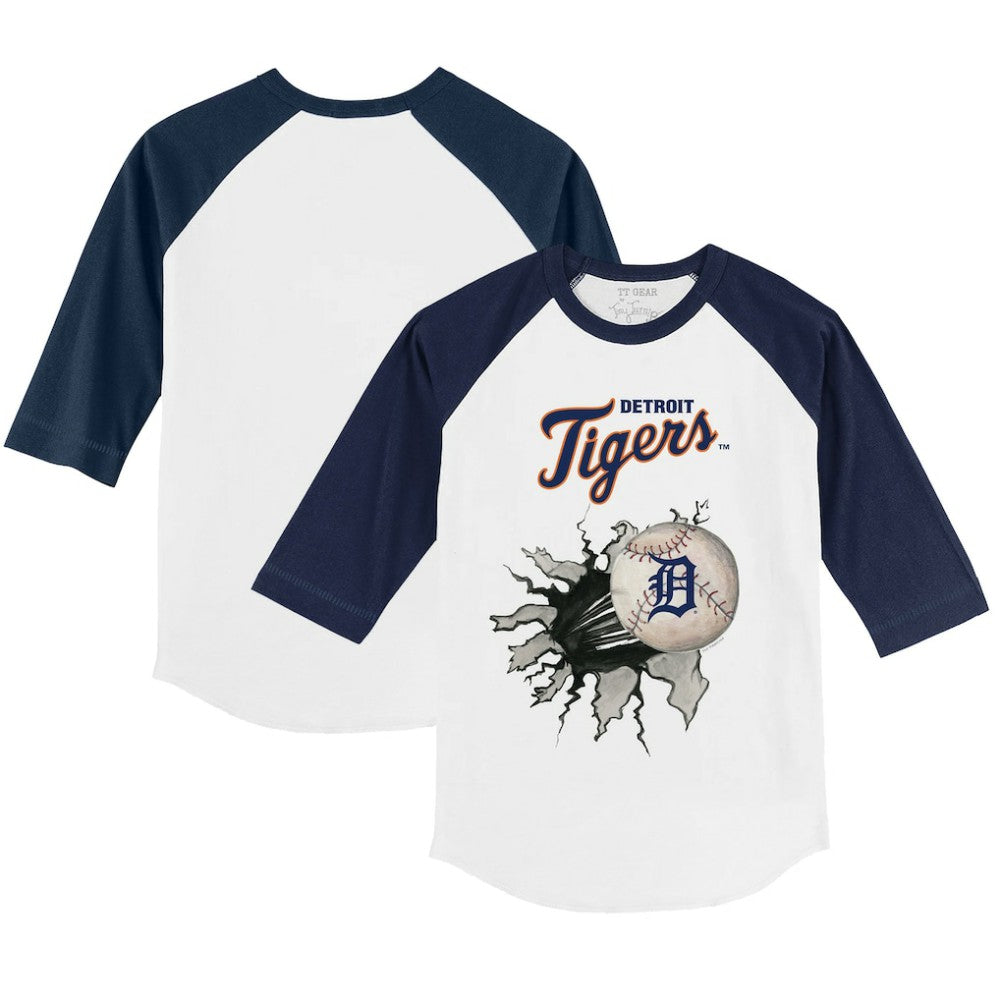 White/Navy Detroit Tigers Tiny Turnip Youth Baseball Tear 3/4-Sleeve Raglan T-Shirt