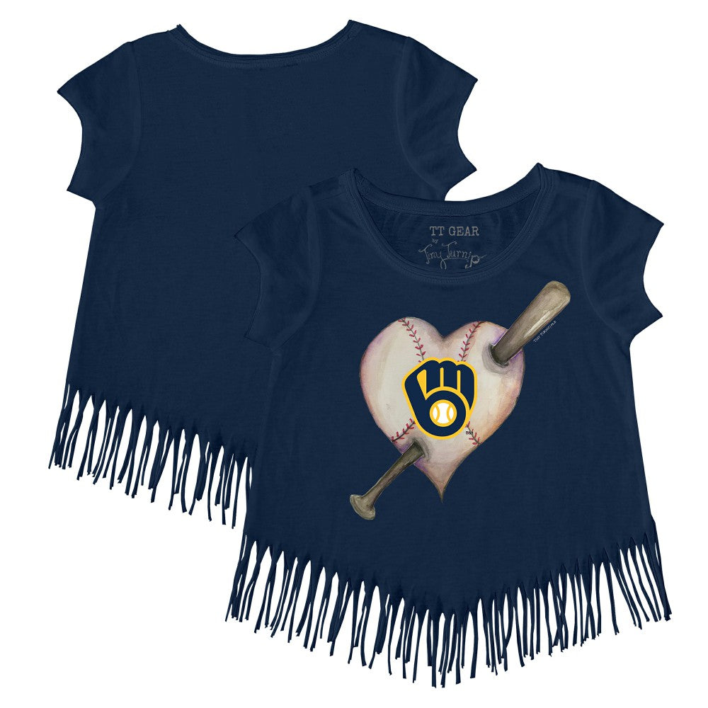 Navy Milwaukee Brewers Tiny Turnip Girls Youth Heart Bat Fringe T-Shirt