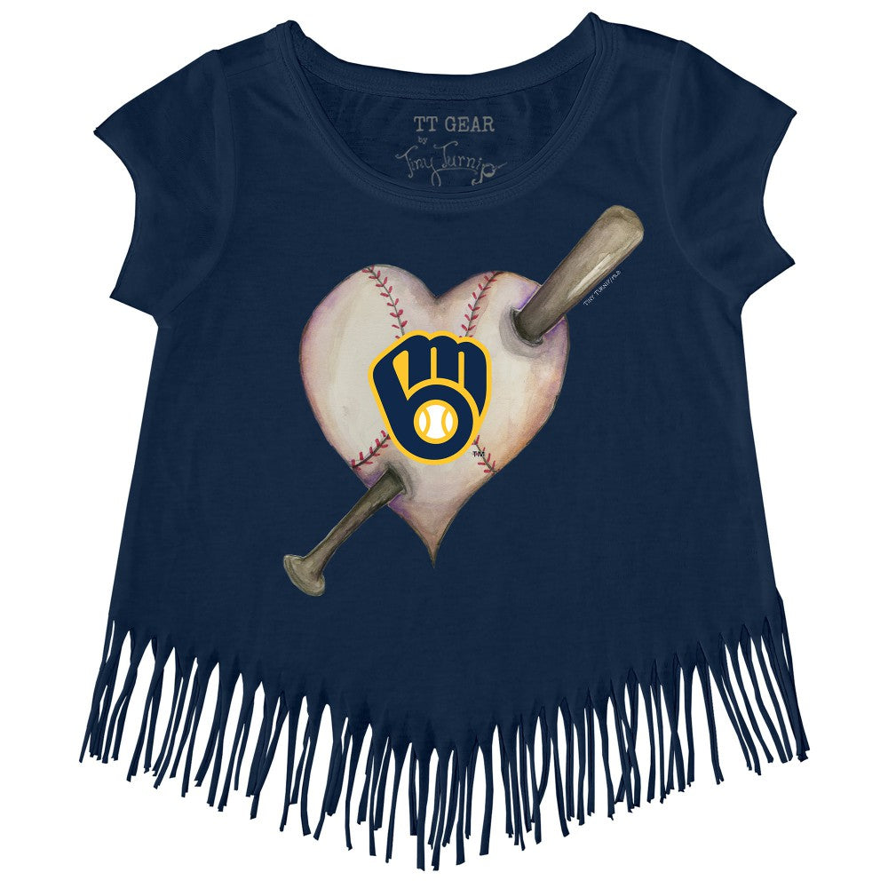 Navy Milwaukee Brewers Tiny Turnip Girls Youth Heart Bat Fringe T-Shirt