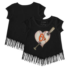 Black Baltimore Orioles Tiny Turnip Girls Youth Heart Bat Fringe T-Shirt
