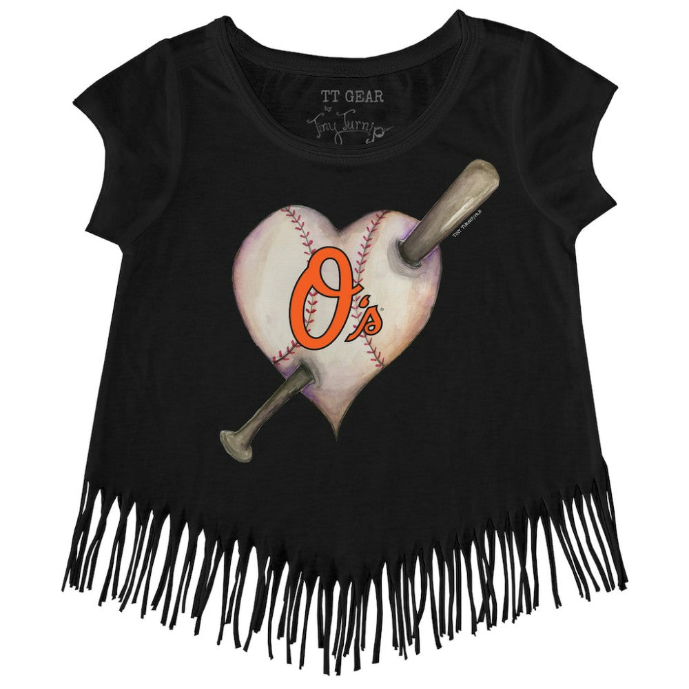 Black Baltimore Orioles Tiny Turnip Girls Youth Heart Bat Fringe T-Shirt