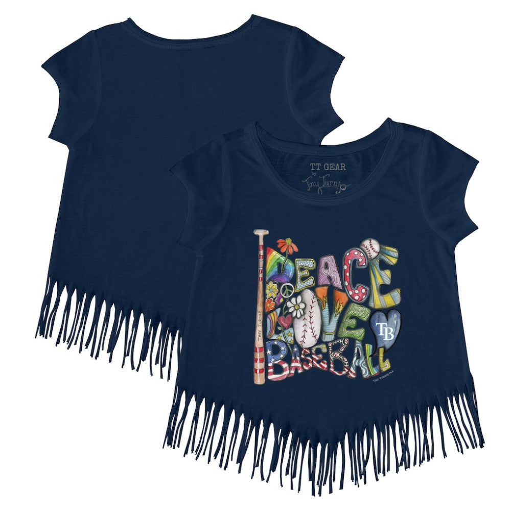 Navy Tampa Bay Rays Tiny Turnip Girls Youth Peace Love Baseball Fringe T-Shirt