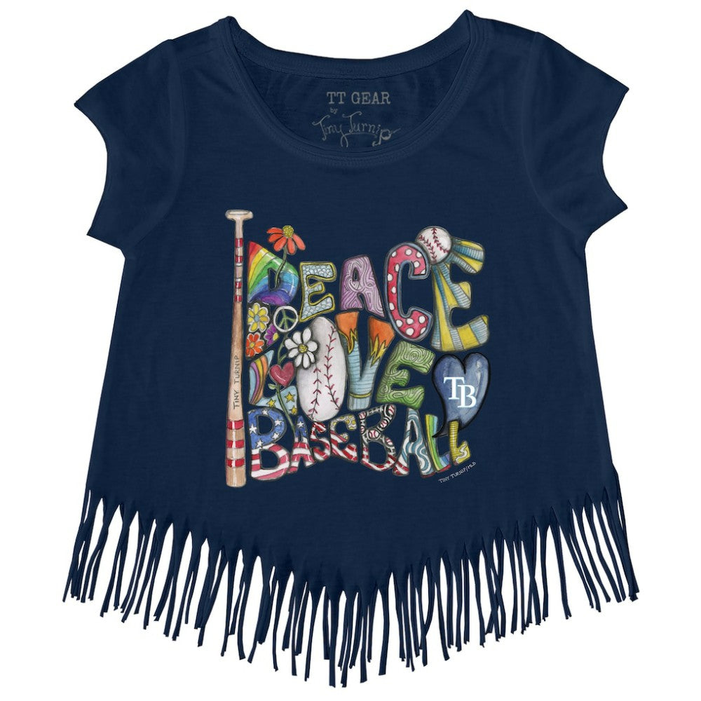 Navy Tampa Bay Rays Tiny Turnip Girls Youth Peace Love Baseball Fringe T-Shirt