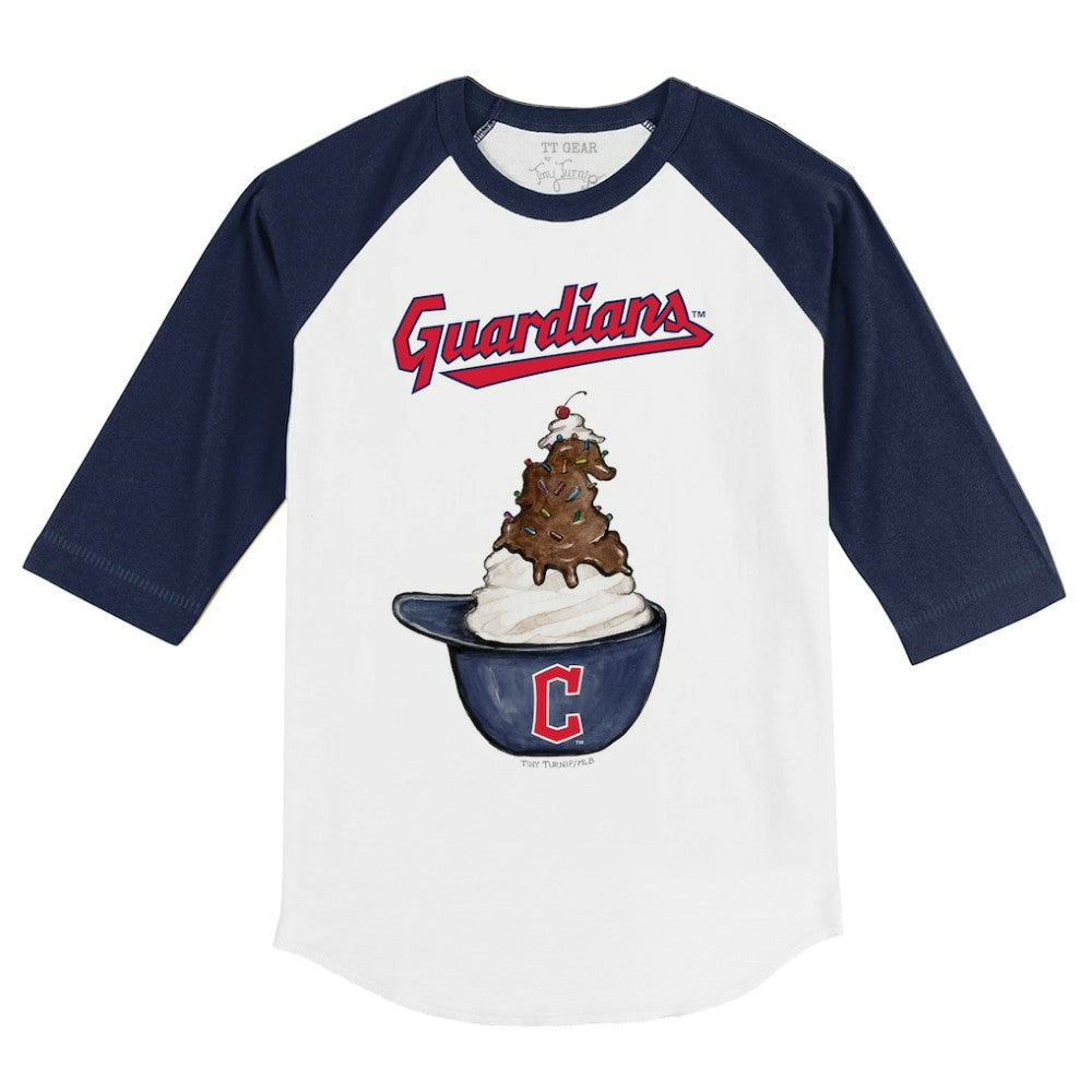 White/Navy Cleveland Guardians Tiny Turnip Youth Sundae Helmet 3/4-Sleeve Raglan T-Shirt