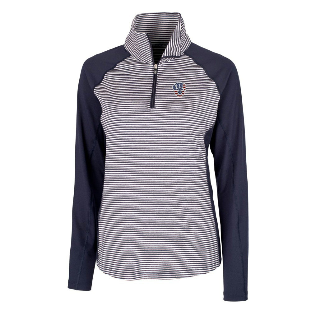 Navy Milwaukee Brewers Cutter & Buck Women's Americana Logo Forge Tonal Stripe Stretch Half-Zip Pullover Top