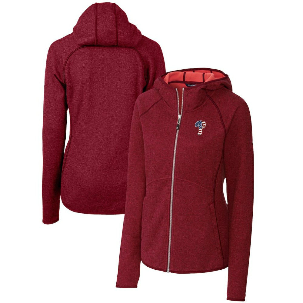 Cardinal Philadelphia Phillies Cutter & Buck Women's Americana Logo Mainsail Sweater-Knit Full-Zip Hoodie
