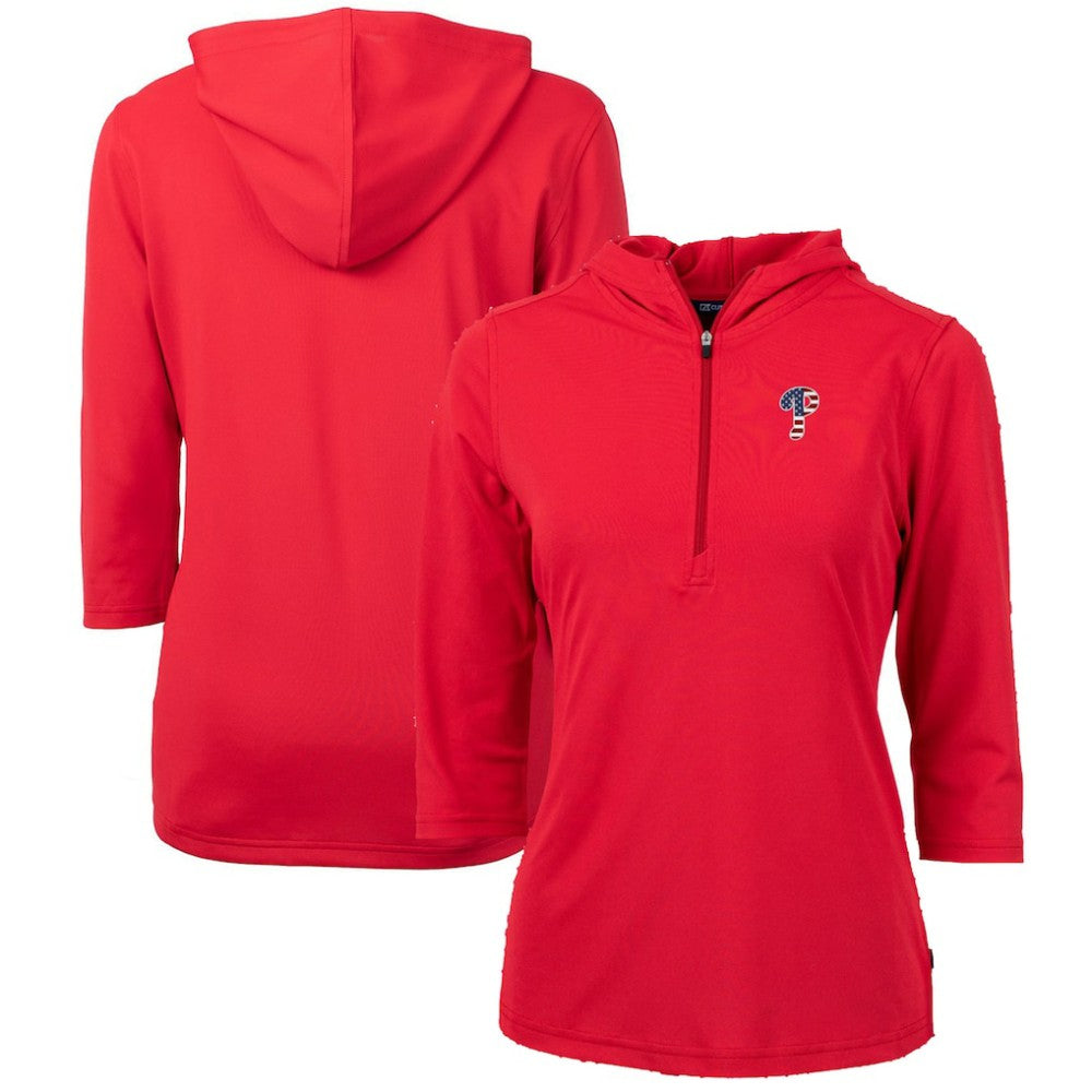Red Philadelphia Phillies Cutter & Buck Women's Americana Logo DryTec Virtue Eco Pique Recycled Half-Zip Pullover Hoodie