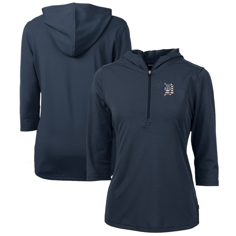 Navy Detroit Tigers Cutter & Buck Women's Americana Logo DryTec Virtue Eco Pique Recycled Half-Zip Pullover Hoodie