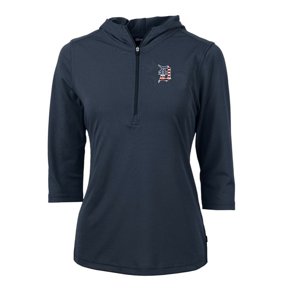 Navy Detroit Tigers Cutter & Buck Women's Americana Logo DryTec Virtue Eco Pique Recycled Half-Zip Pullover Hoodie