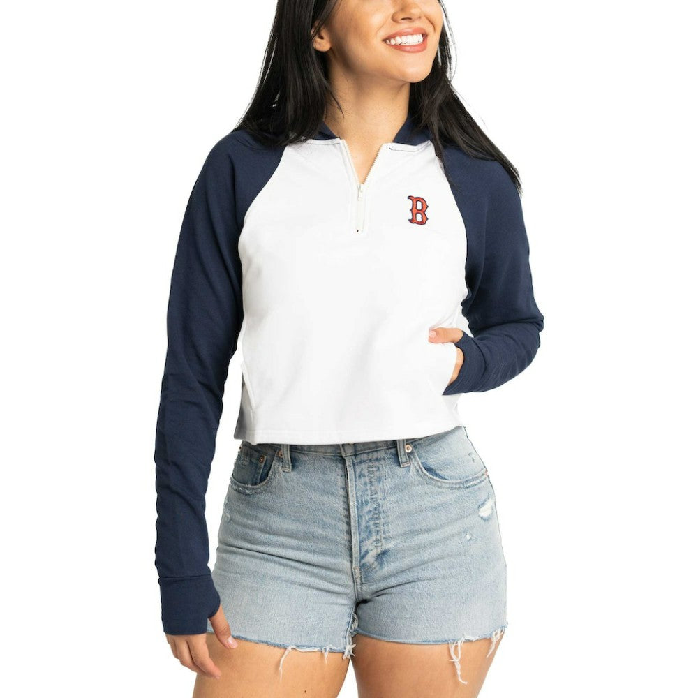 White Boston Red Sox Lusso Women's Jane Raglan Quarter-Zip Tri-Blend Cropped Pullover Hoodie