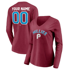 Burgundy Philadelphia Phillies Women's Personalized Cooperstown Collection Alternate Winning Streak Long Sleeve V-Neck T-Shirt